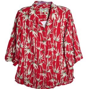 VTG Island Sands Women's 1X Hawaii Red 3/4 Sleeve Top Button Up Padded Shoulder
